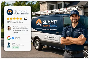 Branded HVAC service truck and technician with review ratings and trust badges representing contractor authority and reputation signals