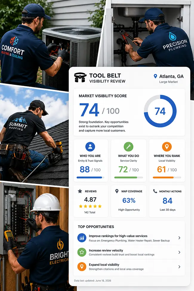 Tool Belt Market Visibility Review dashboard showing local SEO performance metrics for HVAC, plumbing, roofing, and electrical contractors