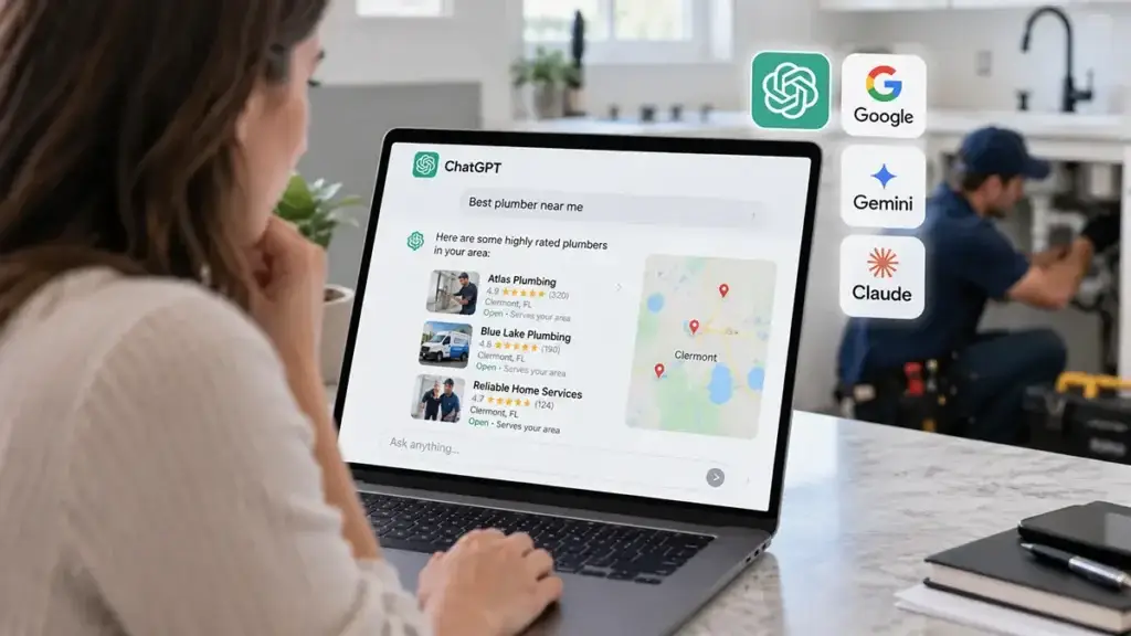 Homeowner using AI search to find a local plumbing contractor